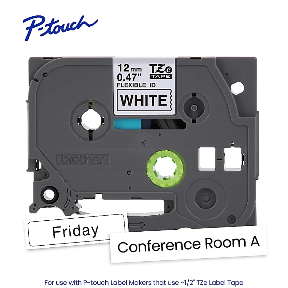 Brother P-touch TZeFX231, Flexible ID Laminated, ~1/2" x 26.2 ft (12mm x 8m), Black on White Label Tape