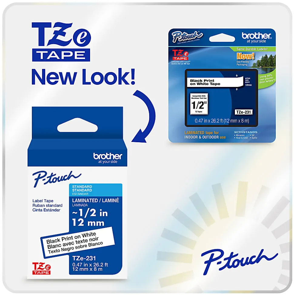 Brother P-touch TZeFX231, Flexible ID Laminated, ~1/2" x 26.2 ft (12mm x 8m), Black on White Label Tape