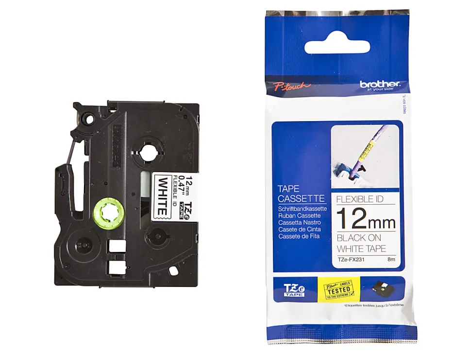 Brother P-touch TZeFX231, Flexible ID Laminated, ~1/2" x 26.2 ft (12mm x 8m), Black on White Label Tape