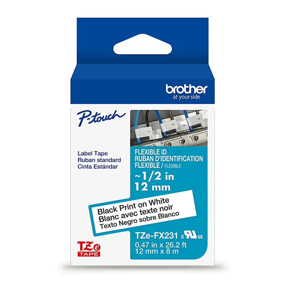 Brother P-touch TZeFX231, Flexible ID Laminated, ~1/2" x 26.2 ft (12mm x 8m), Black on White Label Tape