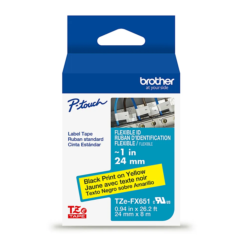 Brother P-touch TZeFX651, Flexible ID Laminated, 1" x 26.2 ft (24mm x 8m), Black on Yellow Label Tape