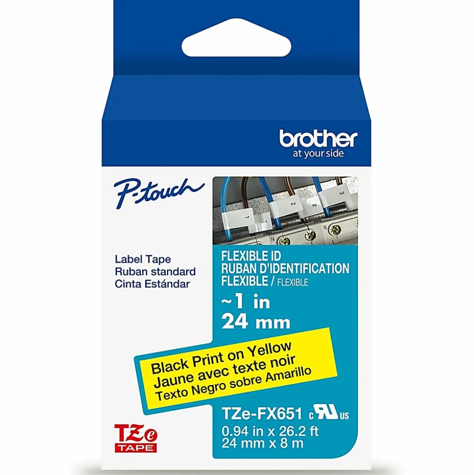 Brother P-touch TZeFX651, Flexible ID Laminated, 1" x 26.2 ft (24mm x 8m), Black on Yellow Label Tape