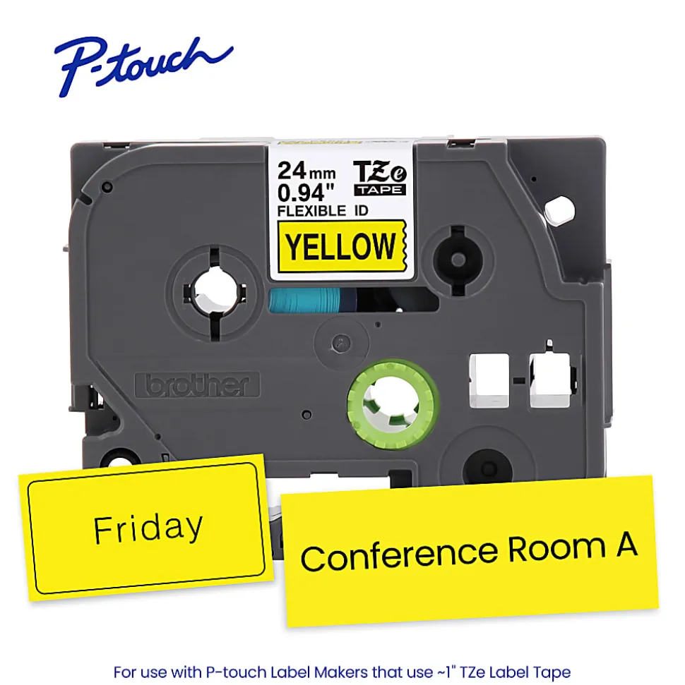 Brother P-touch TZeFX651, Flexible ID Laminated, 1" x 26.2 ft (24mm x 8m), Black on Yellow Label Tape