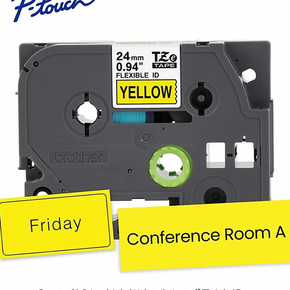 Brother P-touch TZeFX651, Flexible ID Laminated, 1" x 26.2 ft (24mm x 8m), Black on Yellow Label Tape