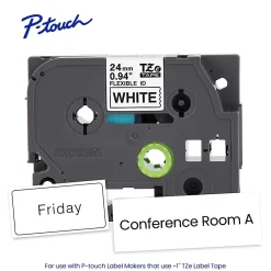 Brother P-touch TZeFX251G, Flexible ID Laminated, ~1in x 26.2ft (24mm x 8m), Black on White Label Tape