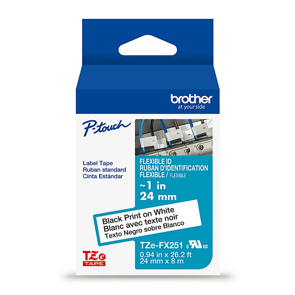 Brother P-touch TZeFX251G, Flexible ID Laminated, ~1in x 26.2ft (24mm x 8m), Black on White Label Tape