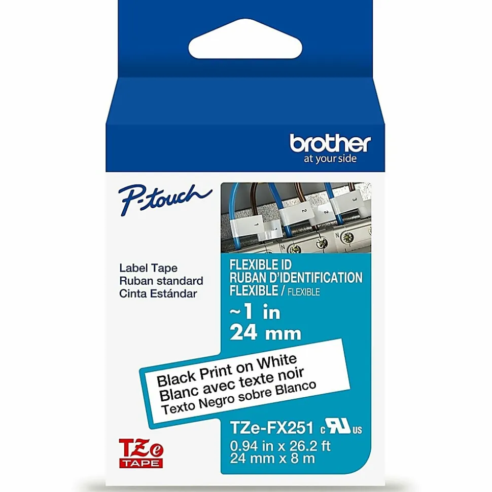 Brother P-touch TZeFX251G, Flexible ID Laminated, ~1in x 26.2ft (24mm x 8m), Black on White Label Tape