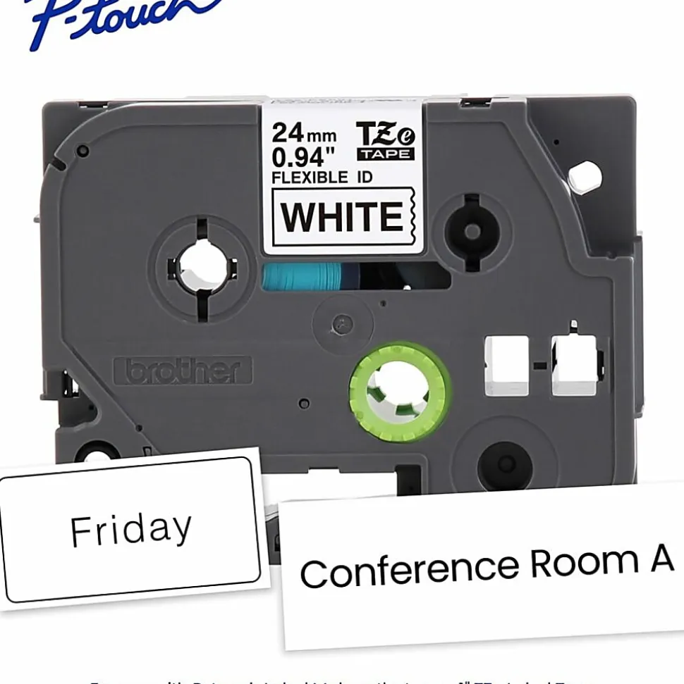 Brother P-touch TZeFX251G, Flexible ID Laminated, ~1in x 26.2ft (24mm x 8m), Black on White Label Tape
