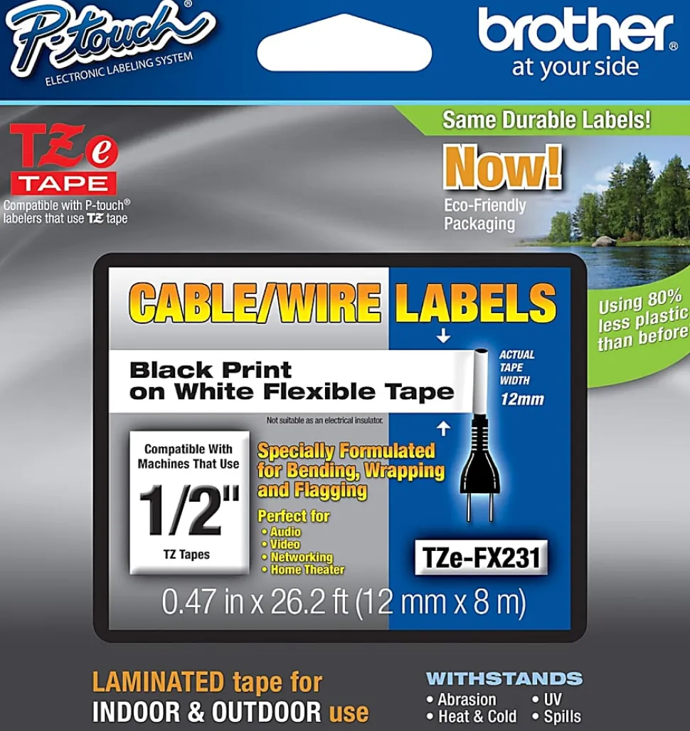 Brother P-touch TZe-FX231 Laminated Flexible ID Label Maker Tape, 1/2" x 26-2/10', Black on White