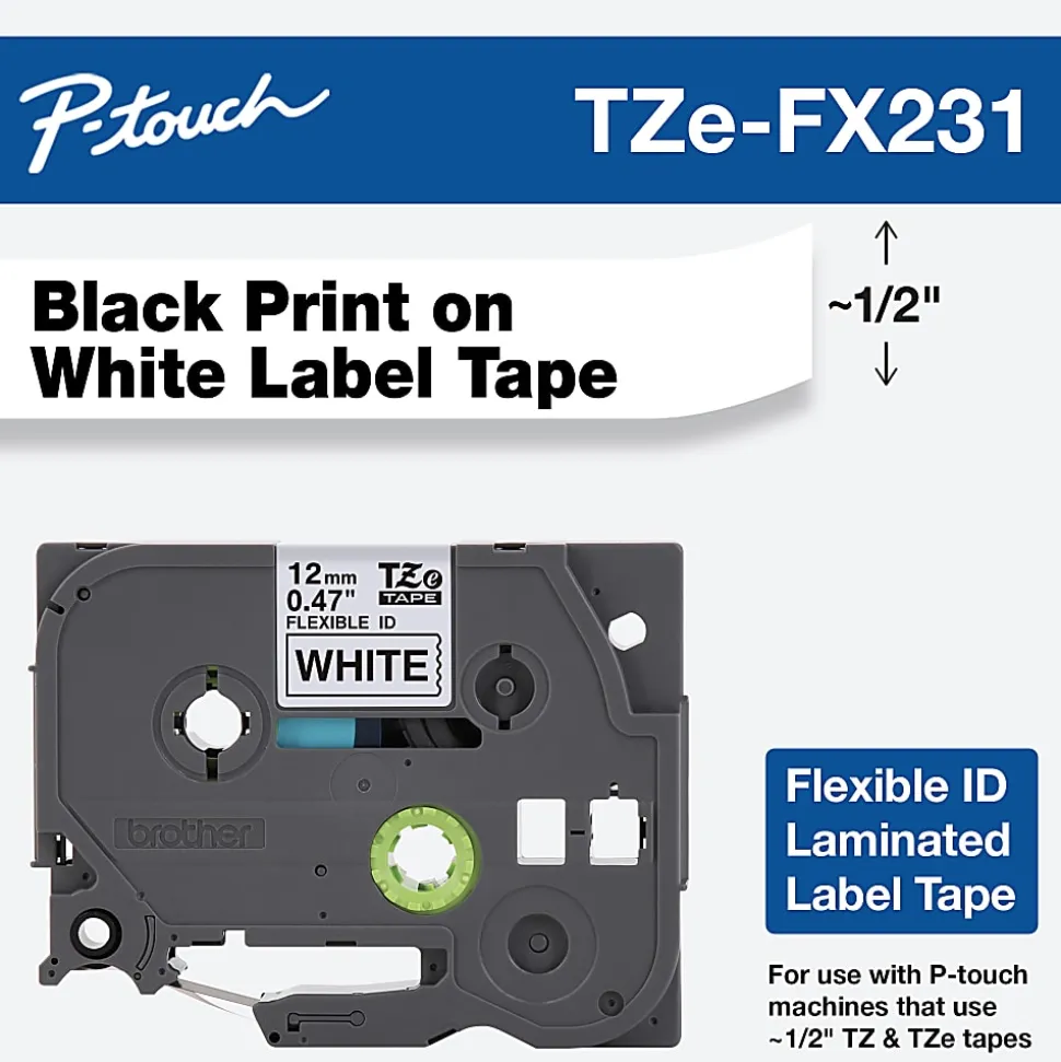 Brother P-touch TZe-FX231 Laminated Flexible ID Label Maker Tape, 1/2" x 26-2/10', Black on White