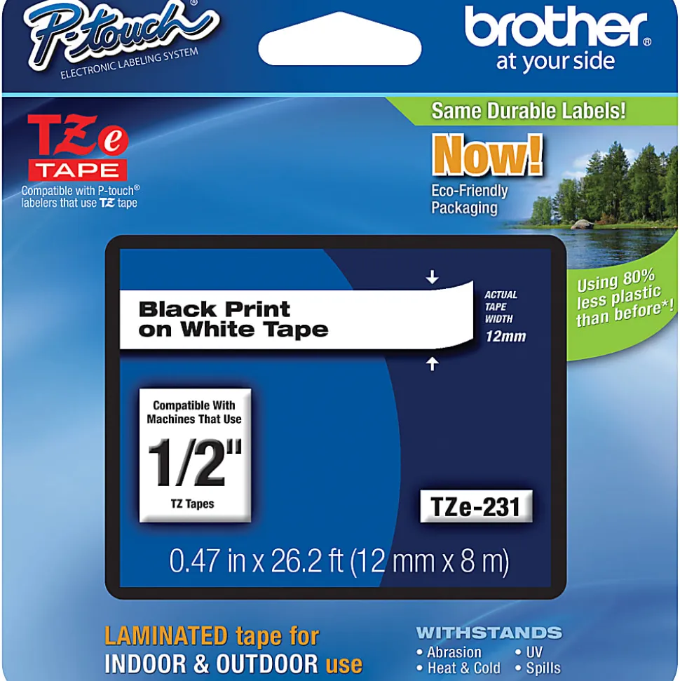 Brother P-Touch TZe-231 Label Tape, 1/2" x 26-1/4', White/Black, Pack Of 4 Rolls