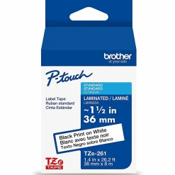 Brother P-Touch TZe261, Laminated, ~1-1/2in x 26.2ft (36mm x 8m), Black on White Label Tape