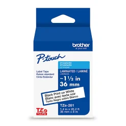 Brother P-Touch TZe261, Laminated, ~1-1/2in x 26.2ft (36mm x 8m), Black on White Label Tape