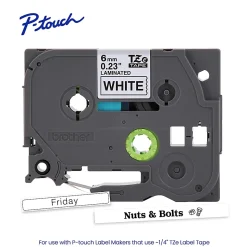 Brother P-touch TZe211 Laminated Label Tape, 1/4" x 26.2 ft (6mm x 8m),  Black on White