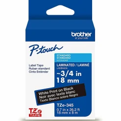 Brother P-touch TZe345, Laminated, 3/4" x 26.2 ft (18mm x 8m), White on Black Label Tape