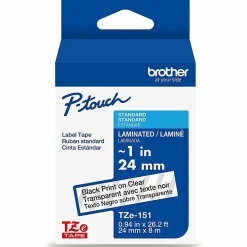 Brother P-touch TZe151, Laminated, 1" x 26.2 ft (24mm x 8m), Black on Clear Label Tape