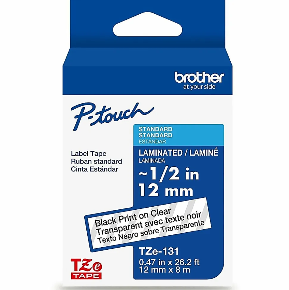 Brother P-touch TZe131, Laminated, ~1/2 in (12mm) x 26.2ft (8m), Black on Clear Label Tape