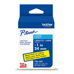 Brother P-touch TZe651, Laminated, 1" x 26.2 ft (24mm x 8m), Black on Yellow Label Tape