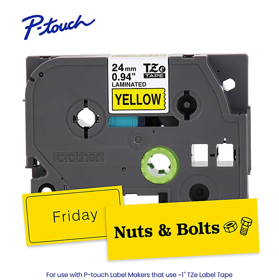Brother P-touch TZe651, Laminated, 1" x 26.2 ft (24mm x 8m), Black on Yellow Label Tape