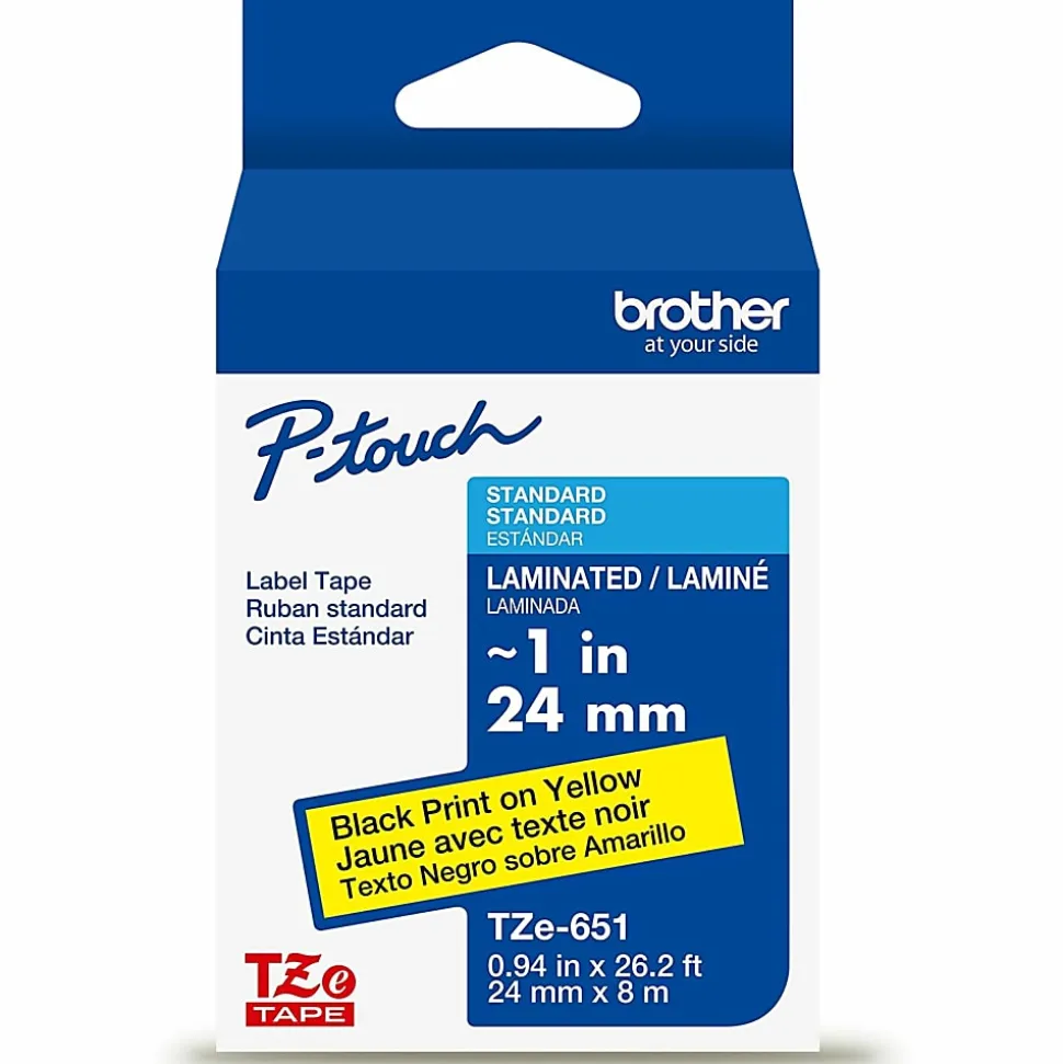 Brother P-touch TZe651, Laminated, 1" x 26.2 ft (24mm x 8m), Black on Yellow Label Tape