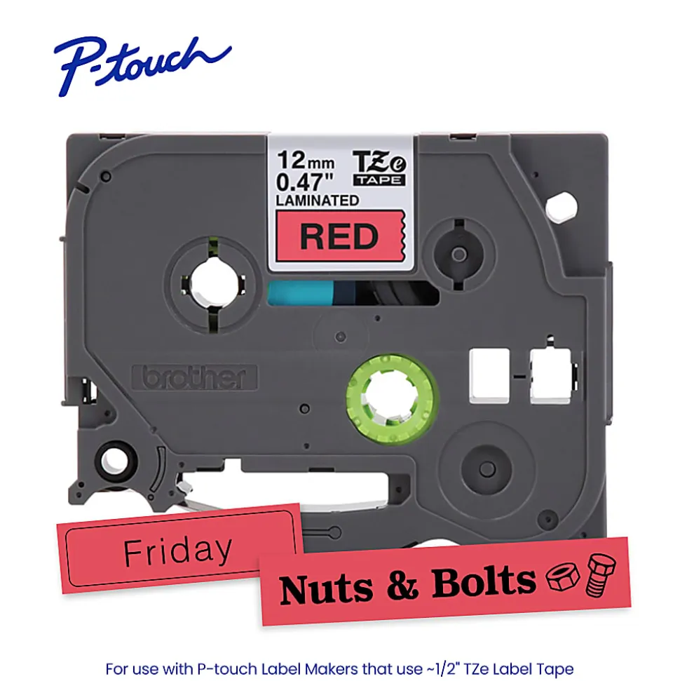Brother P-touch TZe232, Laminated, 1/2" x 26.2 ft (12mm x 8m), Red on White Label Tape
