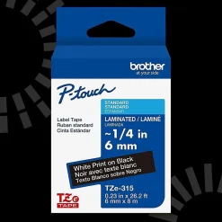 Brother P-touch TZe315, Laminated, ~1/4 in (6mm) x 26.2 ft (8m), White on Black Label Tape
