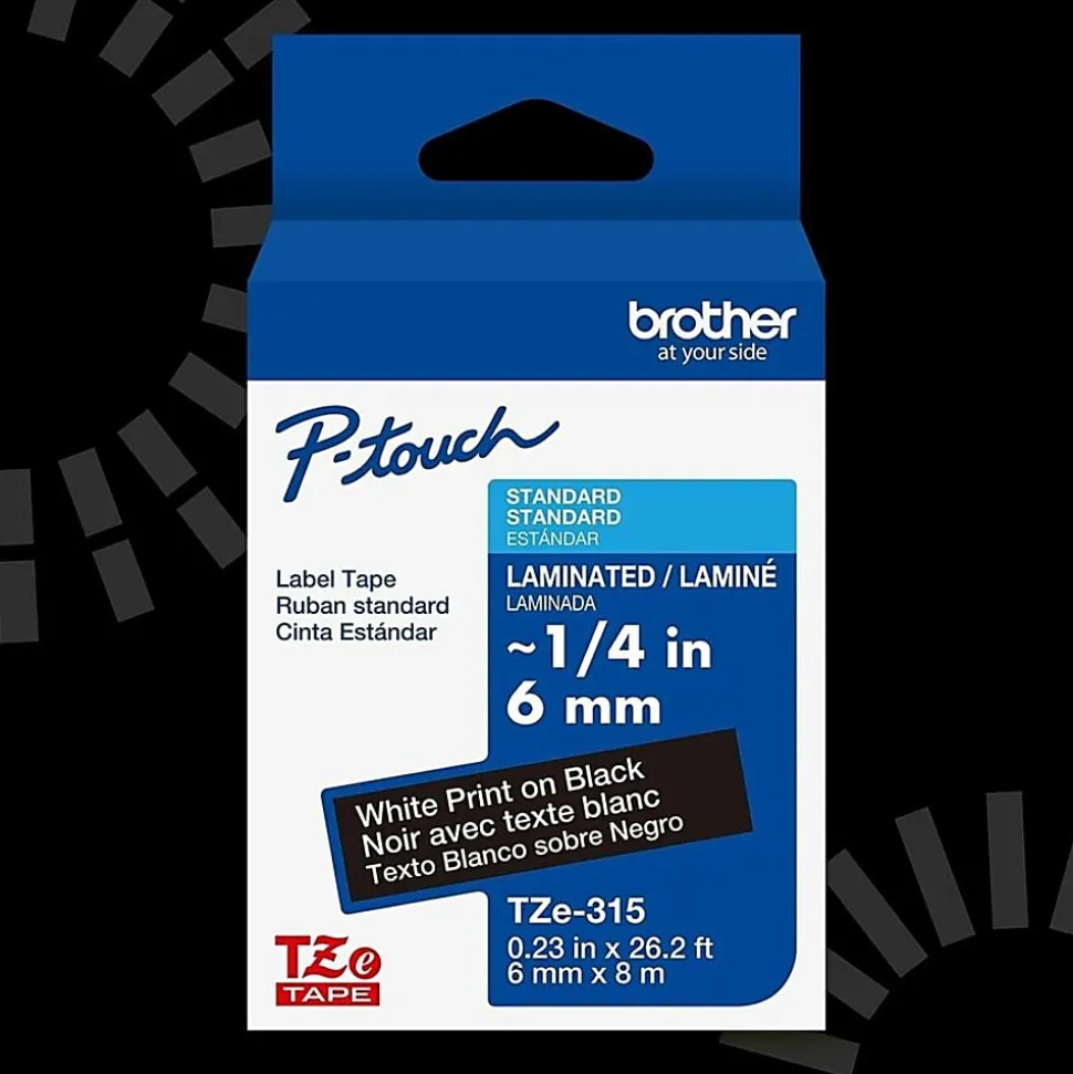 Brother P-touch TZe315, Laminated, ~1/4 in (6mm) x 26.2 ft (8m), White on Black Label Tape