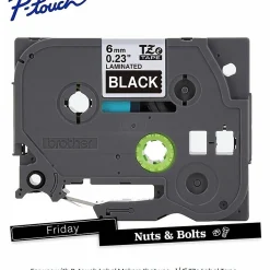 Brother P-touch TZe315, Laminated, ~1/4 in (6mm) x 26.2 ft (8m), White on Black Label Tape