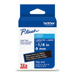 Brother P-touch TZe315, Laminated, ~1/4 in (6mm) x 26.2 ft (8m), White on Black Label Tape