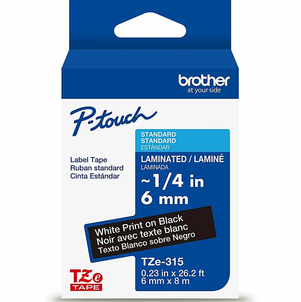Brother P-touch TZe315, Laminated, ~1/4 in (6mm) x 26.2 ft (8m), White on Black Label Tape