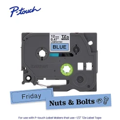 Brother P-Touch TZe531, Laminated, ~1/2in x 26.2ft (12mm x 8m), Black on Blue Label Tape