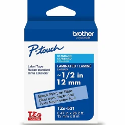 Brother P-Touch TZe531, Laminated, ~1/2in x 26.2ft (12mm x 8m), Black on Blue Label Tape