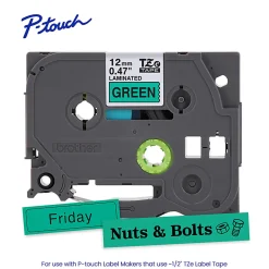 Brother P-Touch TZe731, Laminated, ~1/2in x 26.2ft (12mm x 8m), Black on Green Label Tape