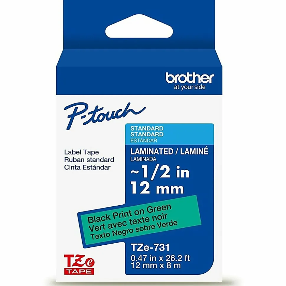Brother P-Touch TZe731, Laminated, ~1/2in x 26.2ft (12mm x 8m), Black on Green Label Tape