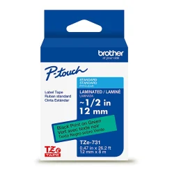 Brother P-Touch TZe731, Laminated, ~1/2in x 26.2ft (12mm x 8m), Black on Green Label Tape