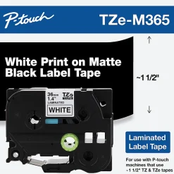 Brother P-Touch TZe-M365 Label Tape, 1-7/16" x 26-1/4', Matte Black/White