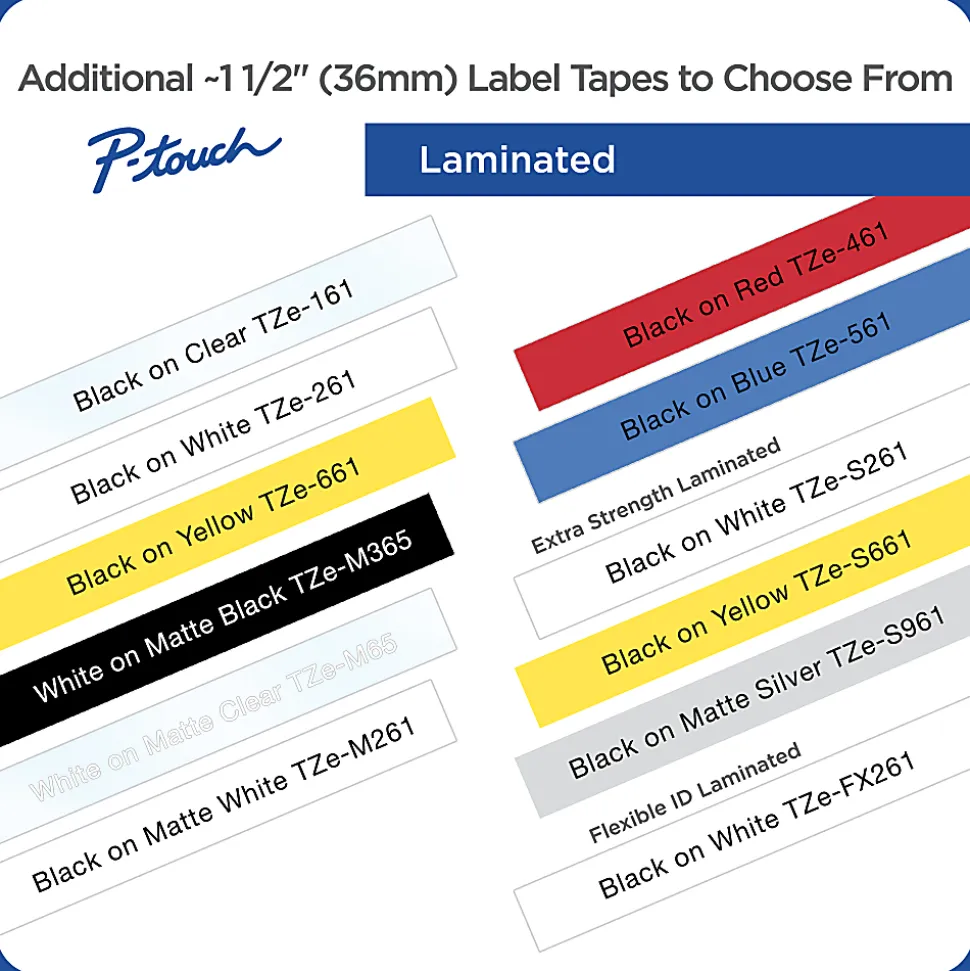 Brother P-Touch TZe-M365 Label Tape, 1-7/16" x 26-1/4', Matte Black/White
