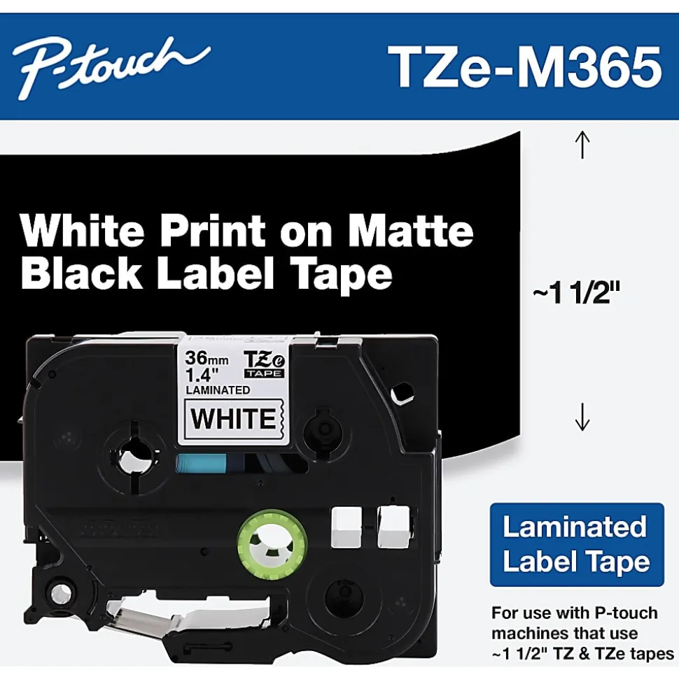 Brother P-Touch TZe-M365 Label Tape, 1-7/16" x 26-1/4', Matte Black/White