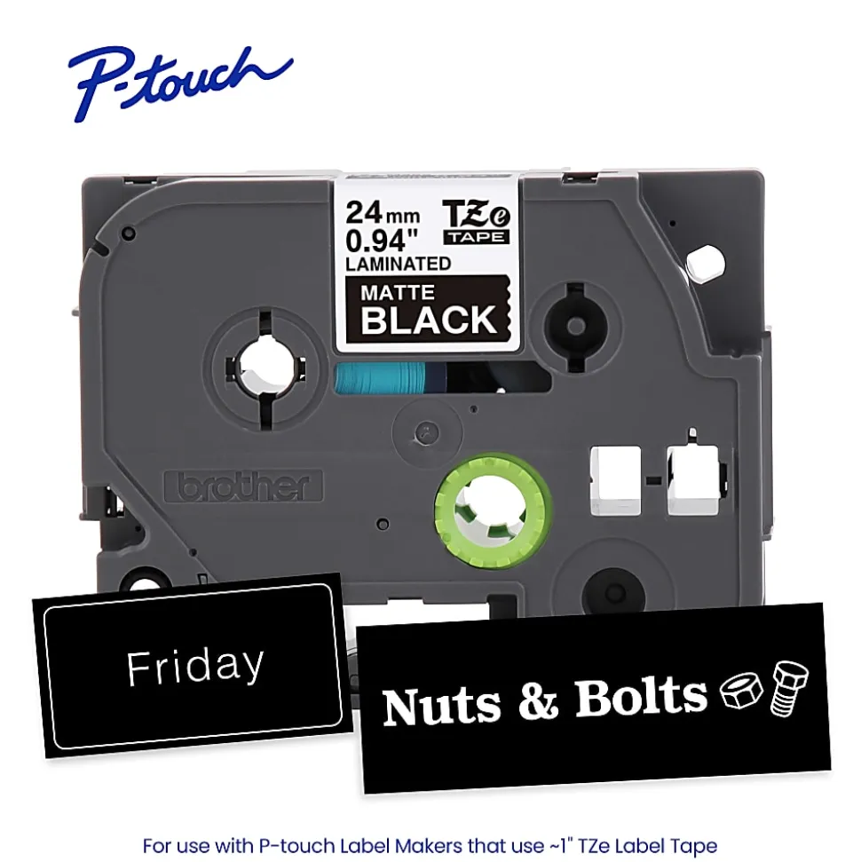 Brother P-touch TZeM355 Premium Matte Laminated Label Tape, 1" x 26.2 ft (24mm x 8m), White on Black