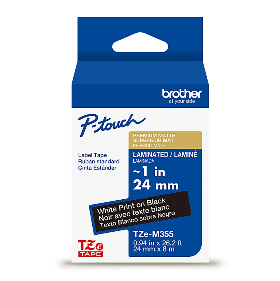Brother P-touch TZeM355 Premium Matte Laminated Label Tape, 1" x 26.2 ft (24mm x 8m), White on Black