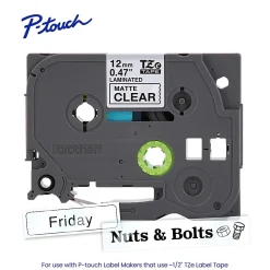 Brother P-touch TZeM31, Premium Matte Laminated, ~1/2in x 26.2ft (12mmx 8m), Black on Clear Label Tape