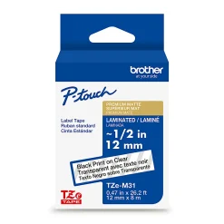 Brother P-touch TZeM31, Premium Matte Laminated, ~1/2in x 26.2ft (12mmx 8m), Black on Clear Label Tape