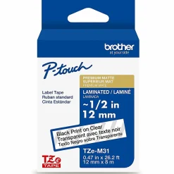Brother P-touch TZeM31, Premium Matte Laminated, ~1/2in x 26.2ft (12mmx 8m), Black on Clear Label Tape
