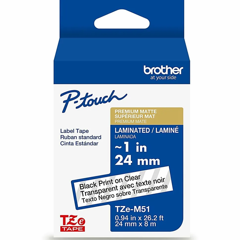 Brother P-touch TZeM51, Premium Matte Laminated, ~1in x 26.2ft (24mm x 8m), Black on Clear Label Tape