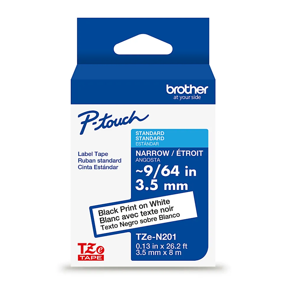Brother P-touch TZeN201, Narrow Non-Laminated, ~1/8" x 26.2 ft (3.5mm x 8m), Black on White Label Tape