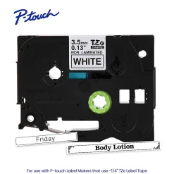 Brother P-touch TZeN201, Narrow Non-Laminated, ~1/8" x 26.2 ft (3.5mm x 8m), Black on White Label Tape