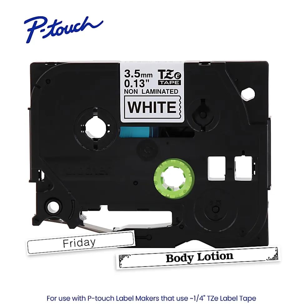 Brother P-touch TZeN201, Narrow Non-Laminated, ~1/8" x 26.2 ft (3.5mm x 8m), Black on White Label Tape