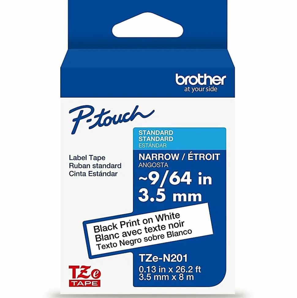 Brother P-touch TZeN201, Narrow Non-Laminated, ~1/8" x 26.2 ft (3.5mm x 8m), Black on White Label Tape