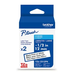 Brother P-touch TZe2312PK, Laminated, 2 X 0.47 in x 26.2 ft (12mm x 8m), Black on White Label Tape, 2 pack