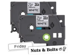 Brother P-touch TZe2312PK, Laminated, 2 X 0.47 in x 26.2 ft (12mm x 8m), Black on White Label Tape, 2 pack